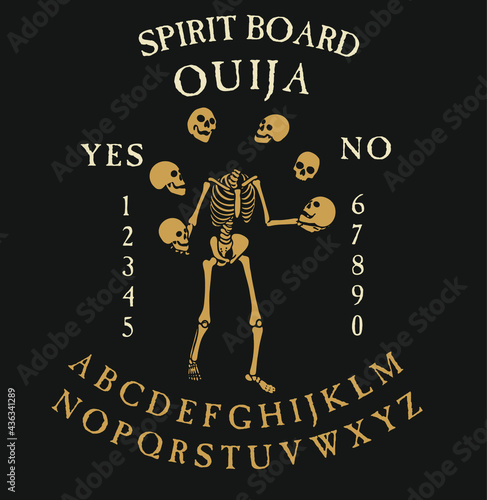 Spirit Board Ouija with Skeleton. Vector Illustration.