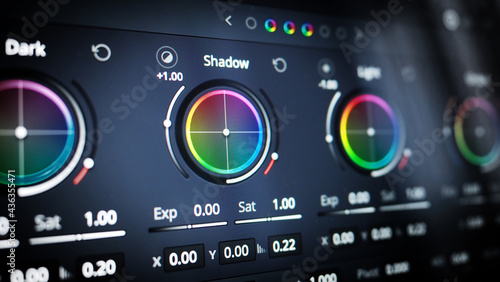 Color grading tools or RGB colour correction indicator on monitor in post production. Telecine full grade stage in video or film production processing. for colorist edit grading color on digital movie