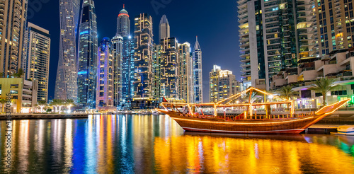 Night Marina Bay skyline in Dubai, UAE