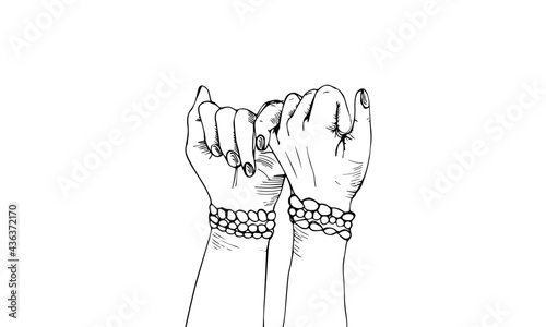 Young Woman's Hands of Different Races in Doodle style making Pinky Promise. Copy Space Web Banner. Vector Illustration Outline