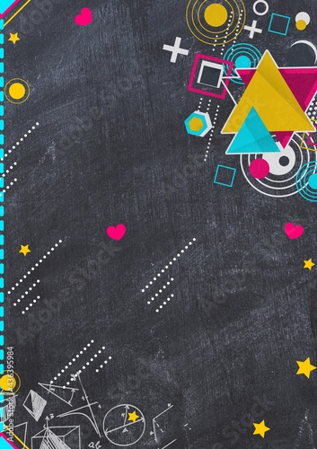 Blackboard with chalk; geometry; heart; circle; school; star; album.