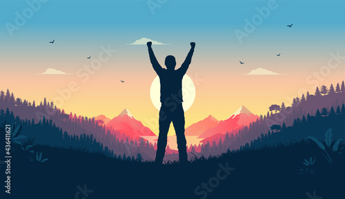 Personal victory and winning - Person standing in landscape watching sunrise celebrating triumph alone. Feel good concept, vector illustration.