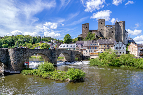 river Lahn in Runkel, Germany with old stone bridge and castle