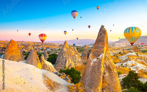 Sunrise view of unusual rocky landscape in Cappadocia, Turkey