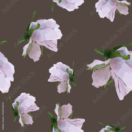 Vector EPS 10 seamless pattern, simple but elegant, traced from own original hand-drawn painting, on a cocoa-colored background, for delicate clothing, wrapping for flower bouquets, bedroom wallpaper