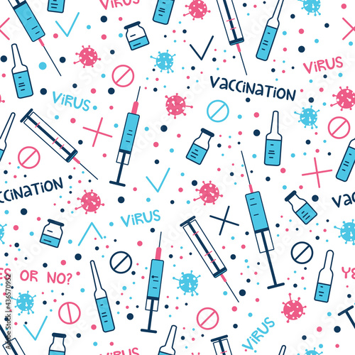 Seamless pattern for the vaccinates. Global vaccination theme against coronavirus, flu, other viruses, infections or diseases: syringe with medicine flat illustration. Virus, yes or no