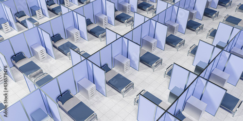 overview of Beds are ready in a quarantine facility for COVID-19 patients - 3D render