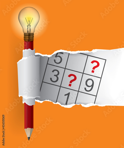 Smart Pencil with bulb and sudoku, torn paper. Illustration of orange ripped paper background with playful sudoku motif. Vector available