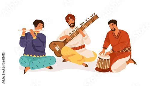 Indian street musicians playing traditional folk music on national instruments. Men in ethnic clothes performing on sitar, bansuri and drum. Flat vector illustration isolated on white background