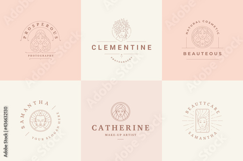 Feminine logos emblems design templates set with magic female portraits vector illustrations minimal linear style