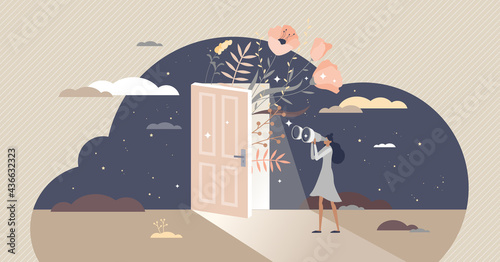 Curiosity and cognition with looking in unknown future tiny person concept. Female exploring and observe process as standing with binoculars and view surroundings vector illustration. Curious scene.