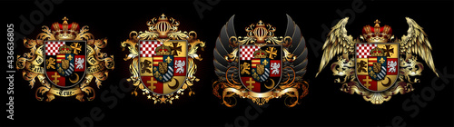 Set of heraldic shields with a crown and wings on a black background. High detailed realistic illustration