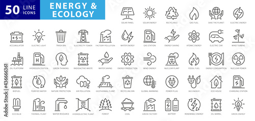 Set of green energy thin line icons. Icons for renewable energy, green technology. Design elements for you projects. Vector illustration