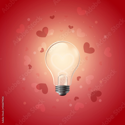 Świecąca żarówka z żarnikiem uformowanym w serduszko na czerwonym tle z abstrakcyjnymi geometrycznymi elementami - romantyczna ilustracja jako koncepcja inspiracji, miłości, pomysłu, kreatywności.