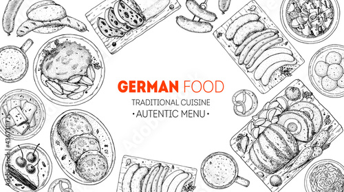 German food menu sketches. Design template. Hand drawn vector illustration. German cuisine. Black and white. Engraved style. Hand drawn food sketch illustration.
