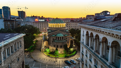 Aerial shot of the Cathedral Saint Aleksandar Nevski and buildings in Sofia, Bulgaria