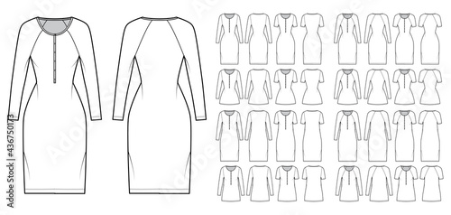 Set of Dresses henley collar technical fashion illustration with long elbow short raglan sleeves, oversized fitted, knee mini length. Flat apparel front, back, white color style. Women, men CAD mockup