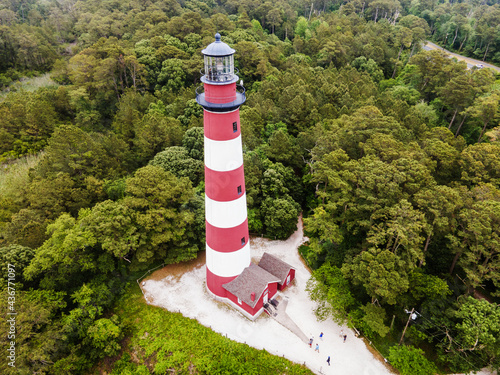 Drone view of the Assateague Island lighthouse in Virginia, USA. historical monument.