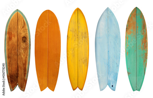 Collection of vintage wooden fishboard surfboard isolated on white with clipping path for object, retro styles.