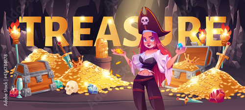 Pirate girl in treasure cave cartoon banner, young woman in filibuster costume and cocked hat hold golden coins and gem in ancient fantasy magic tomb or mine with loot, Cartoon vector illustration