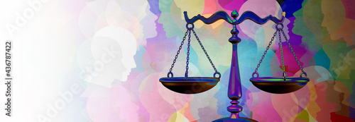 Social justice equality rights as a crowd of diverse people with a law symbol representing community legislation and an equal right or legal lawyer icon
