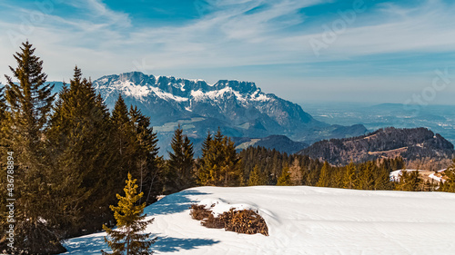 Beautiful alpine spring view with the famous Untersberg summit in the background at the famous Rossfeldstrasse near Berchtesgaden, Bavaria, Germany