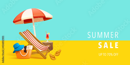 Summer sale beach holiday vacation. Beach chair, beach bag hat and flip-flop on background.