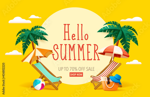 Hello summer! Summer beach vacation holiday theme with big sign.