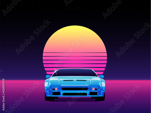 Synthwave, retrowave outrun style 80s poster with blue chrome retro super car over dark background with striped sun on the horizon.