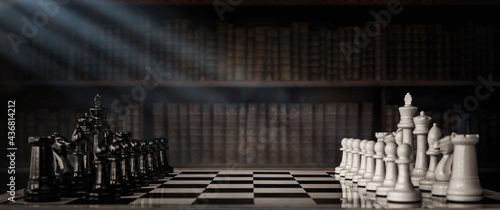 Chess pieces on a chessboard against the background of an old cabinet. The beginning of a chess game. Chess as a symbol of leadership, struggle, victory, strategy, business. Retro style.
