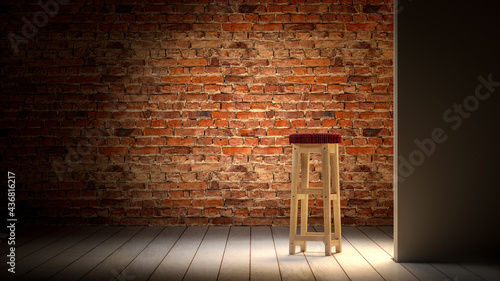 empty stand up stage room background, bar stool, brick wall, wooden floor in reflector spotlight, poster mockup 3d render