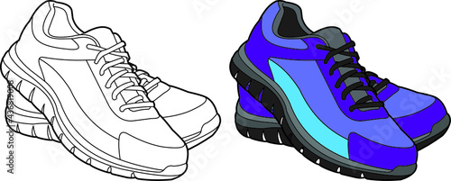 pair of sneakers running shoes vector drawing line art and colored