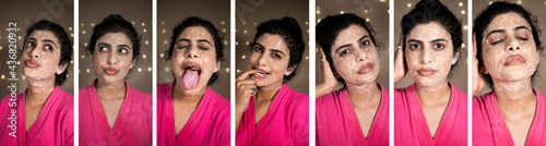Different expressions of the Indian Beautiful Asian Female in bathrobe with face mask applied on her face smiling in lustful manner