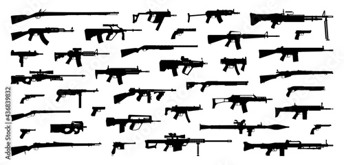 Weapons silhouette set. Collection of various realistic firearms. Assult rifles, sniper rifles, shotguns, handguns, machine guns, historical guns & other. Vector illustration