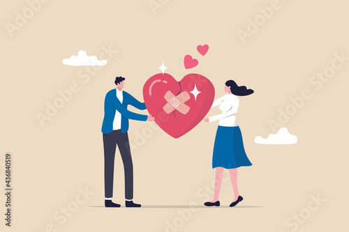 Forgiveness to keep relationship last long, togetherness or love couple concept, happy man and woman, husband and wife with bandage on broken heart shape as forgiveness symbol.