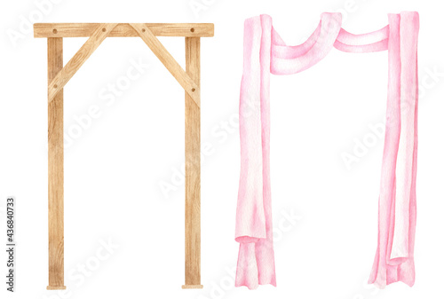 Watercolor wooden square arch with pink curtain. Hand drawn wedding arch with wood texture isolated on white. Elegant veil drapery decoration, rustic natural design, bohemian eco decor illustration.