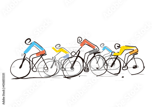 Cycling race, line art stylized cartoon. Expressive colorful simple illustration of group road cyclists. Imitation of an ink drawing. Vector available.