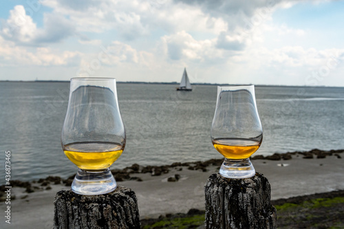 Tasting of dram single malt scotch whisky on seashore in Scotland, old wooden pole with whisky glass