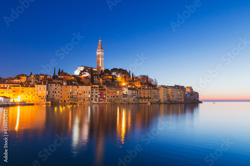 Cozy and quiet town of Rovinj with beautiful colorful houses on the Istrian peninsula, Adriatic sea at sunset