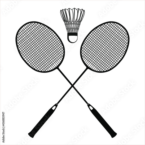 Flat black badminton racket and shuttlecock black silhouettes, vector illustration isolated on white background. Essential badminton sport game equipment.