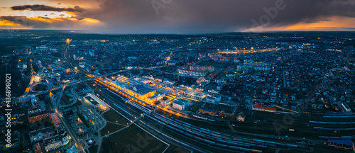 Brest, Belarus. Aerial Bird's-eye View Of Cityscape Skyline. Night Aerial View Of Railway Station. Panorama, Panoramic View