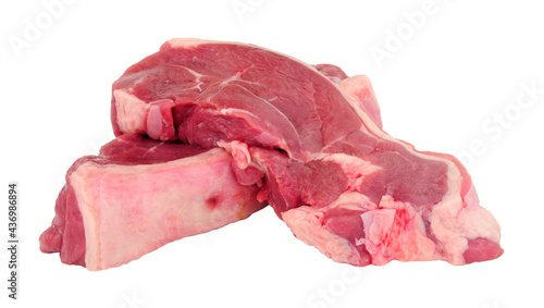 Two fresh raw lamb meat rump steaks isolated on a white background