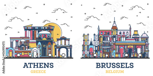 Outline Brussels Belgium and Athens Greece City Skyline Set.
