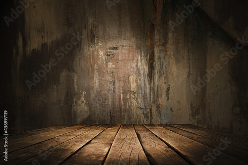 dark background wall with empty table, for montage of product