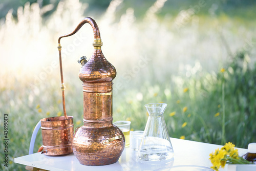 Tabletop alembic still in the forest to extract essential oils