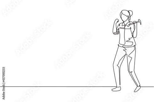 Continuous one line drawing female carpenter standing with celebrate gesture works for wood industry and must be skilled at using carpentry tools. Single line draw design vector graphic illustration