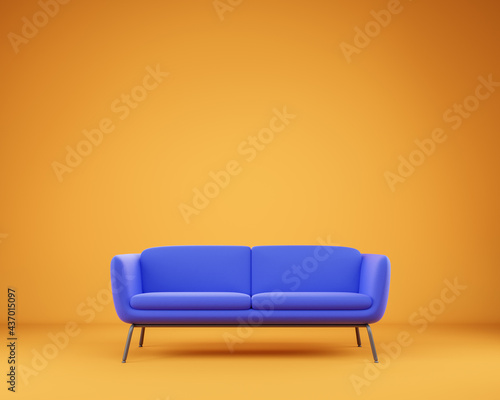 Cozy luxury blue sofa over yellow studio background.