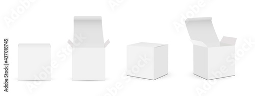Paper Square Boxes Mockups with Opened and Closed Lid, Isolated on White Background, Front and Side View. Vector Illustration