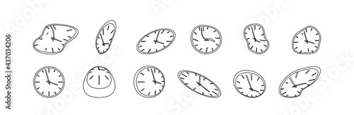 Clock icon set in liquid deformed line Dali style, melting clocks distorted shape, linear collection illustration.