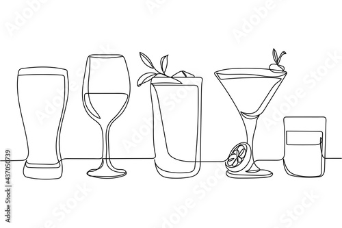 Continuous one line of best selling drinks cocktails in silhouette. Linear stylized.Minimalist.